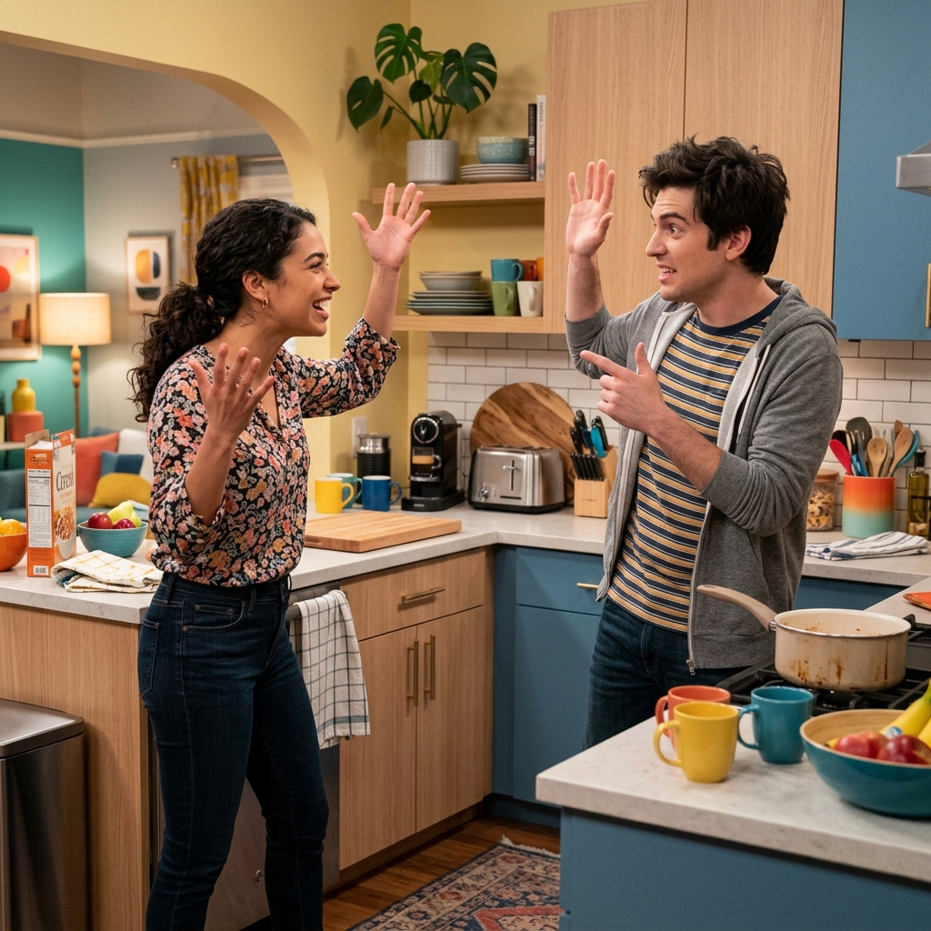 Fotograma de comedia con actores en la cocina de Apartamento 6