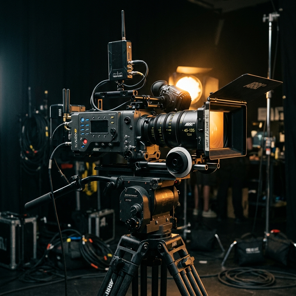 Close-up of a professional cinema camera on a tripod, dramatic studio lighting with amber accents, dark moody background, high-end production equipment, cinematic noir aesthetic.
